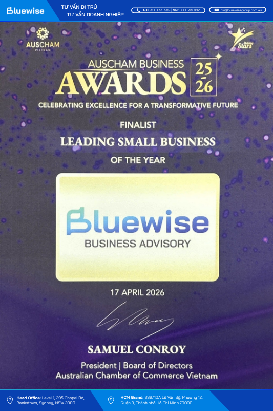 Chứng nhận Finalist hạng mục Leading Small Business of the Year thuộc AusCham Business Awards 2025–2026 dành cho Bluewise Business Advisory.