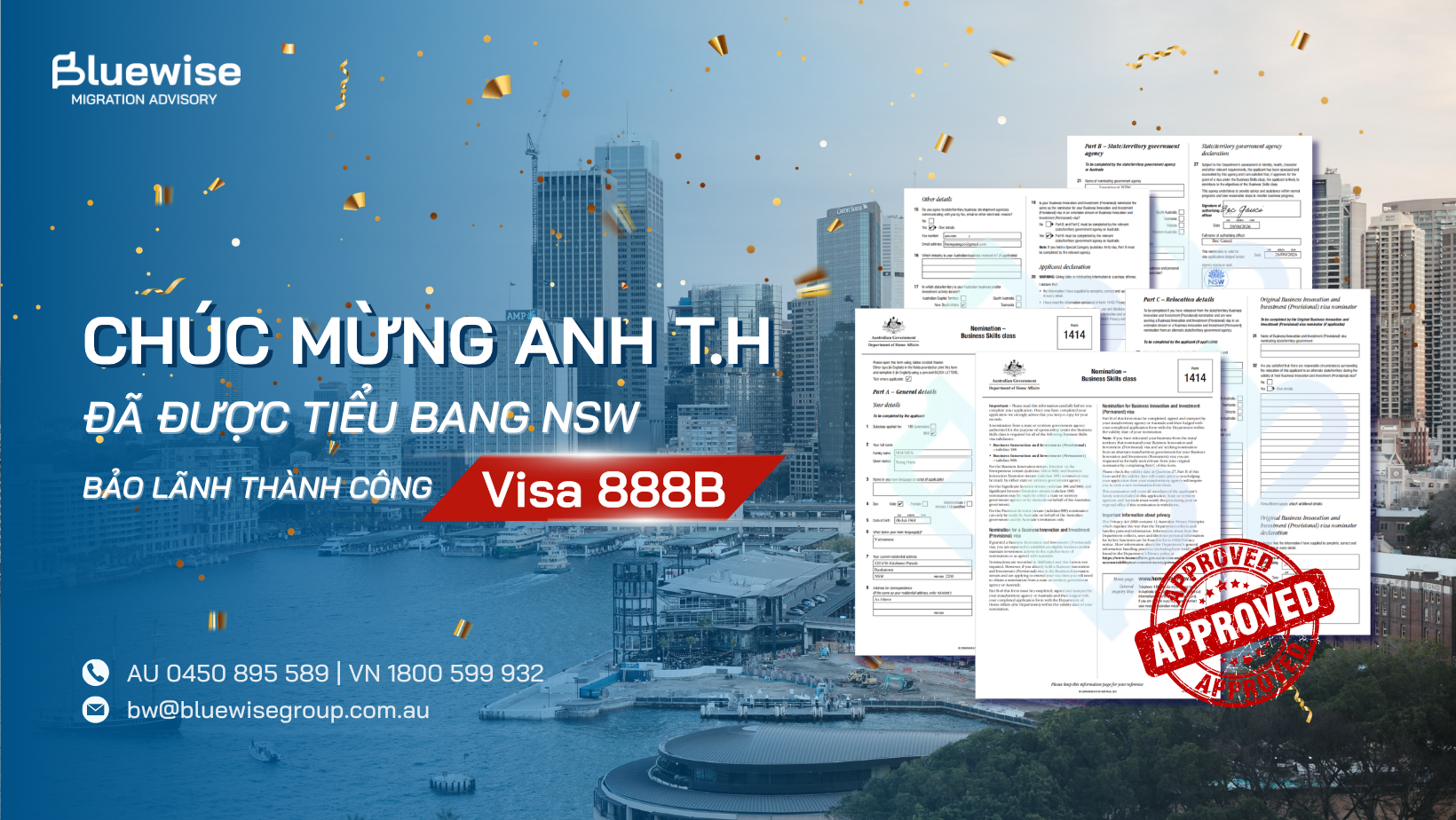 Bluewise chúc mừng Quý khách nhận bảo lãnh tiểu bang NSW cho visa 888B chỉ trong 4 tiếng