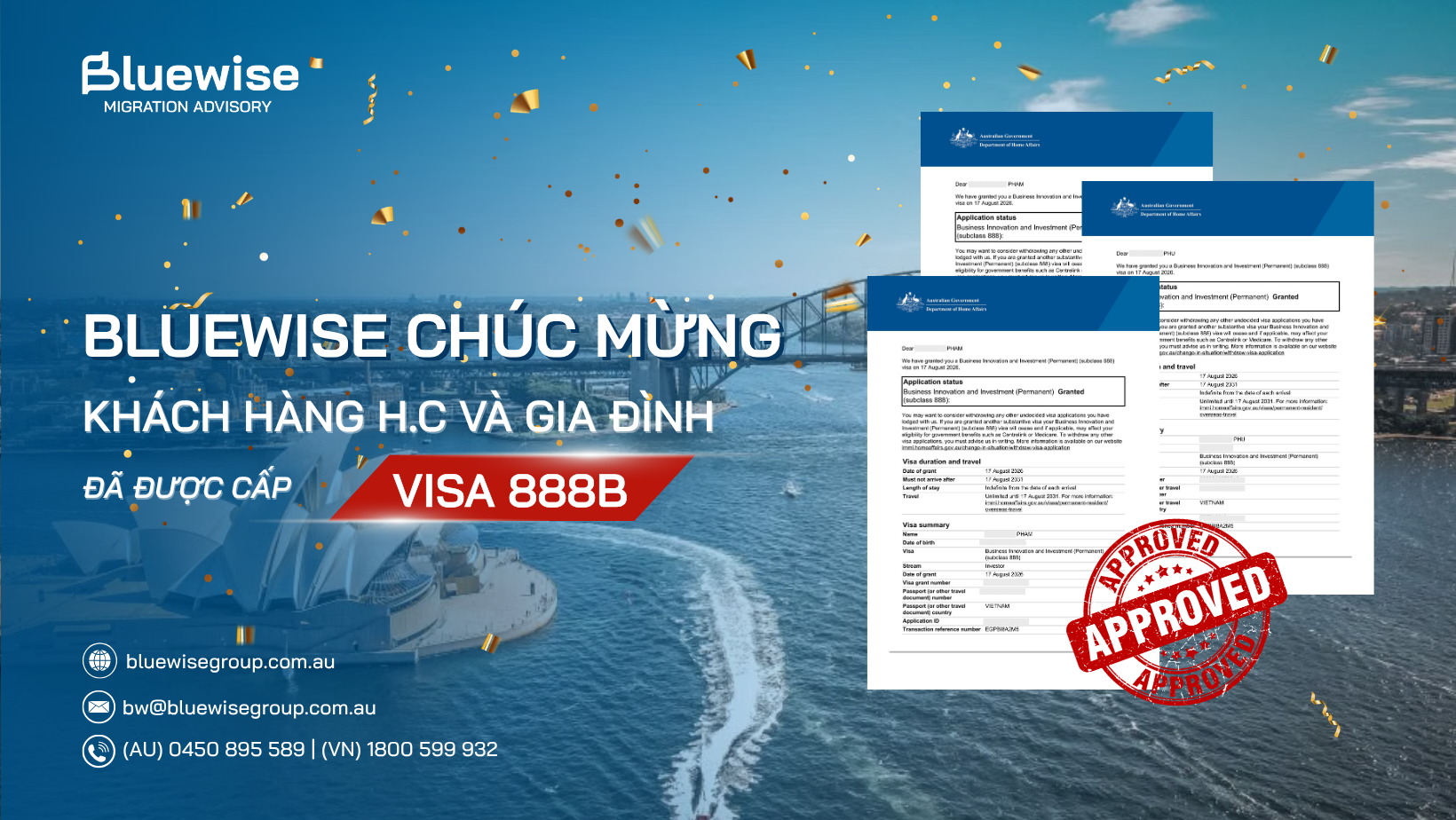 Visa 888B Úc: Chúc mừng khách hàng H.C cùng gia đình chính thức nhận visa Thường trú sau hành trình đầu tư